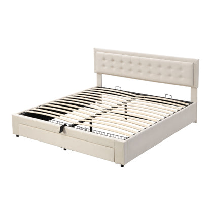 King Size Upholstered Bed 150 x 200 cm – Grey PU Bed with LED Lights, USB Charging & Storage