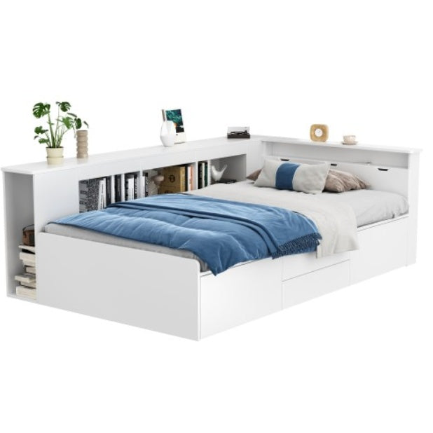 Single Bed with Storage, Drawers & Bookcase – 3FT Multifunctional Bed Frame (90 x 190 cm, White)