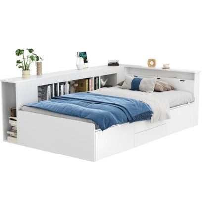 Single Bed with Storage, Drawers & Bookcase – 3FT Multifunctional Bed Frame (90 x 190 cm, White)