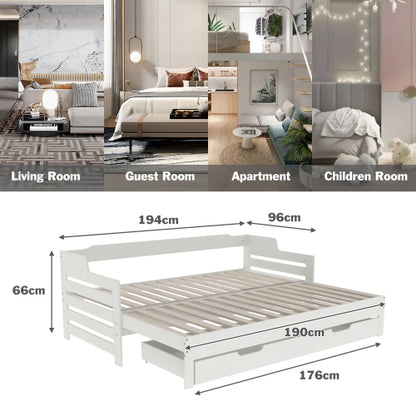 Wooden Daybed with Trundle & Storage Drawer – 3FT Single Guest Bed Sofa Bed (90 x 190 cm, White)