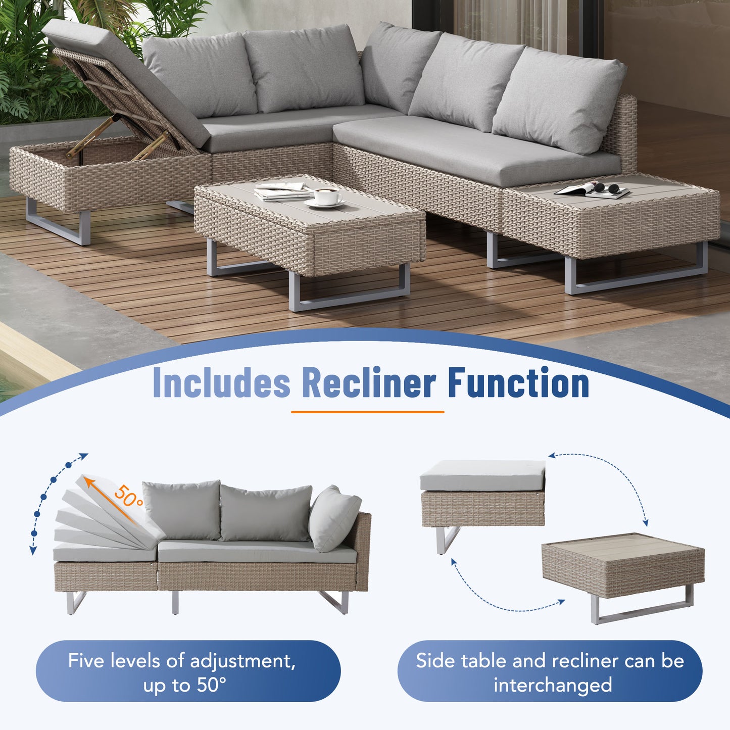 Mixed Khaki Rattan Corner Sofa Set with Coffee Table – Modular Garden Furniture Set with Adjustable Recliner