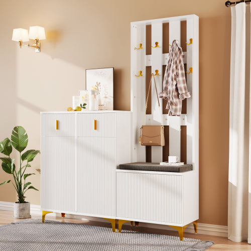 Hallway Wardrobe Set with Shoe Bench & Coat Rack – Storage Cabinet with Cushion (White/Black)