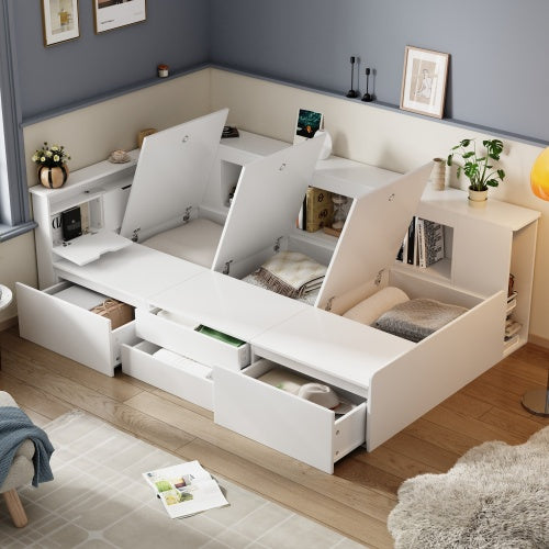Single Bed with Storage, Drawers & Bookcase – 3FT Multifunctional Bed Frame (90 x 190 cm, White)