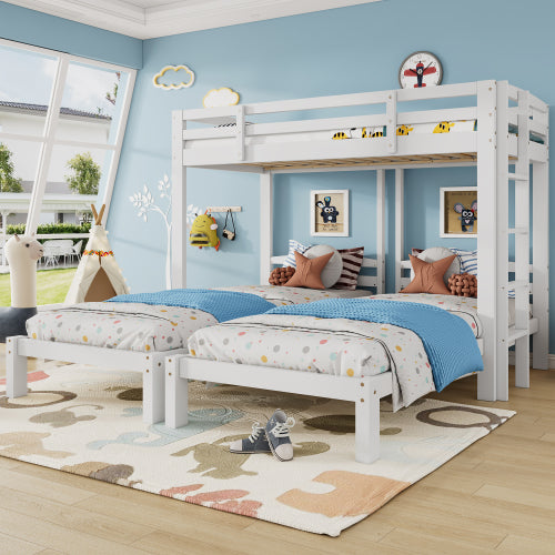 Triple Sleeper Bunk Bed for Kids & Teens – 3FT Solid Wood Frame with Ladder (White)