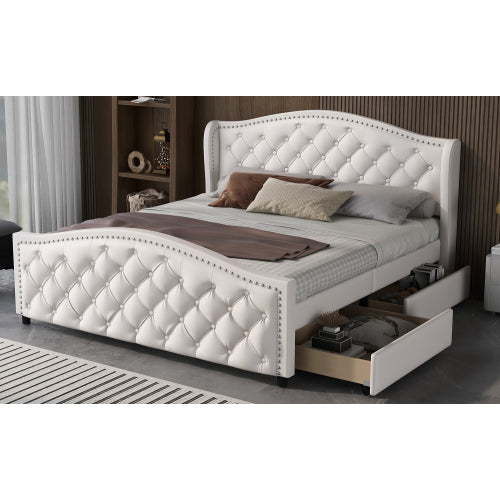 White Upholstered Double Bed with Drawers – Chesterfield Style PU Leather Bed Frame (135 x 190cm)