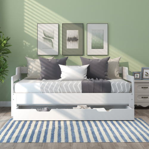 Wooden Daybed with Trundle & Storage Drawer – 3FT Single Guest Bed Sofa Bed (90 x 190 cm, White)