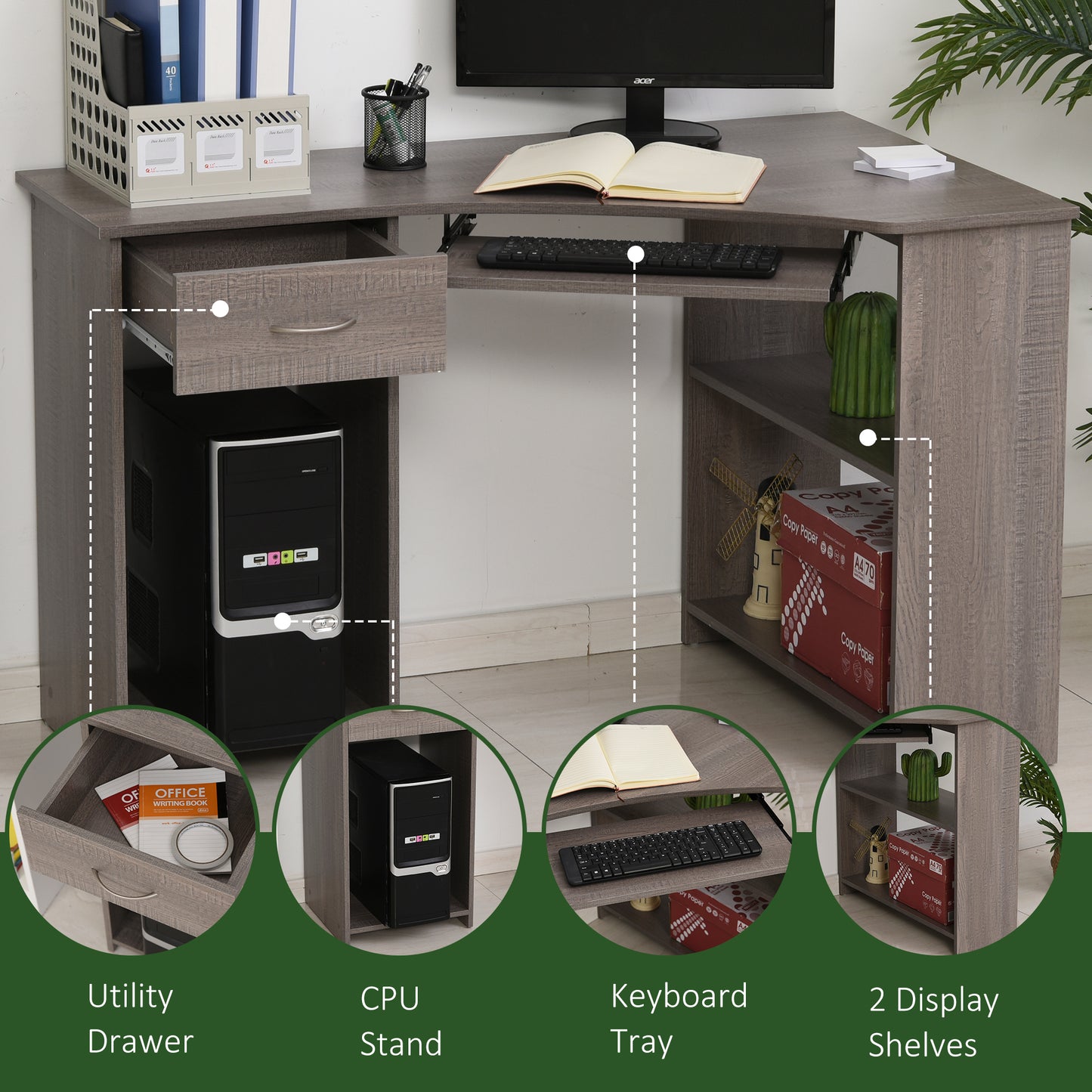 Modern Grey L-Shaped Corner Desk with Storage Shelves & Keyboard Tray (120cm)