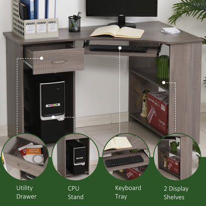Modern Grey L-Shaped Corner Desk with Storage Shelves & Keyboard Tray (120cm)