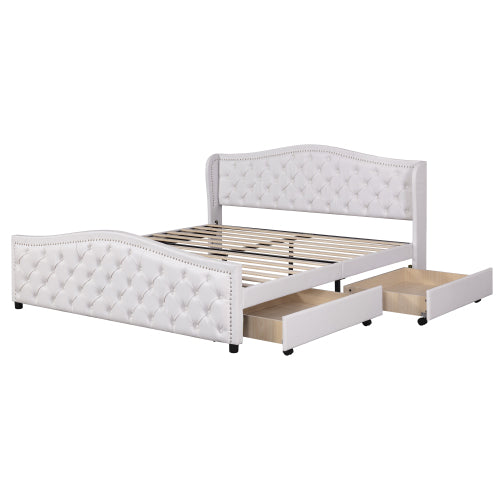 White Upholstered Double Bed with Drawers – Chesterfield Style PU Leather Bed Frame (135 x 190cm)
