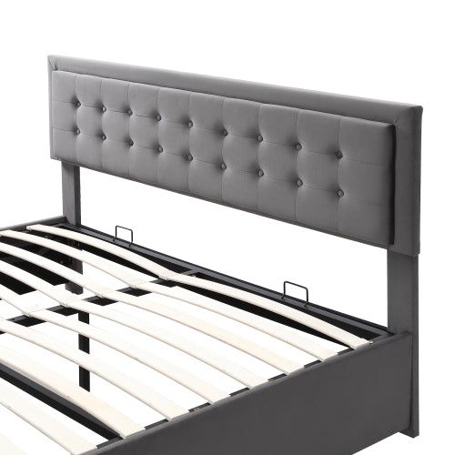 King Size Upholstered Bed 150 x 200 cm – Grey PU Bed with LED Lights, USB Charging & Storage