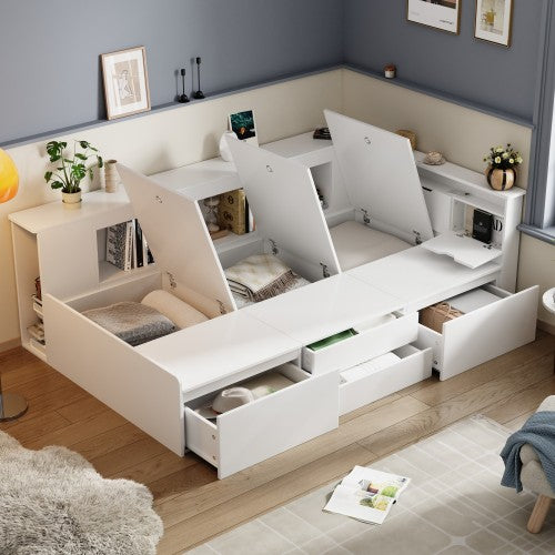 Single Bed with Storage, Drawers & Bookcase – 3FT Multifunctional Bed Frame (90 x 190 cm, White)