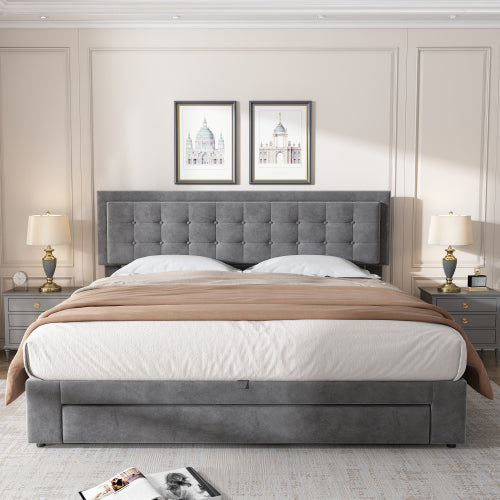 King Size Upholstered Bed 150 x 200 cm – Grey PU Bed with LED Lights, USB Charging & Storage