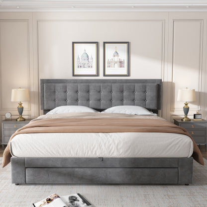 King Size Upholstered Bed 150 x 200 cm – Grey PU Bed with LED Lights, USB Charging & Storage