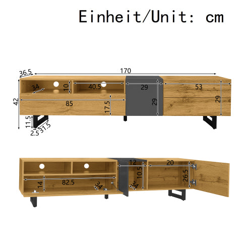 TV Cabinet 170cm – Dark Grey & Wooden TV Stand with Storage Doors & Shelves