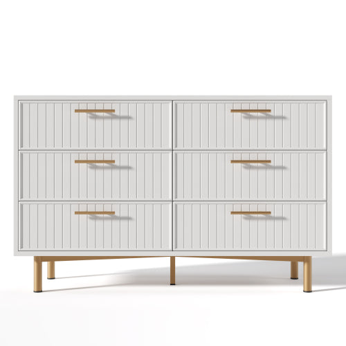Modern White Sideboard Cabinet – 6 Drawer Chest with Gold Handles & Ribbed Design (120cm)
