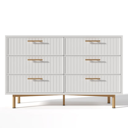 Modern White Sideboard Cabinet – 6 Drawer Chest with Gold Handles & Ribbed Design (120cm)