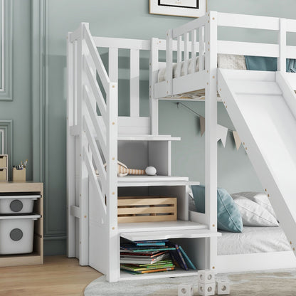 White Wooden Bunk Bed with Storage Stairs & Slide – 90 x 190cm Children’s Bed Frame