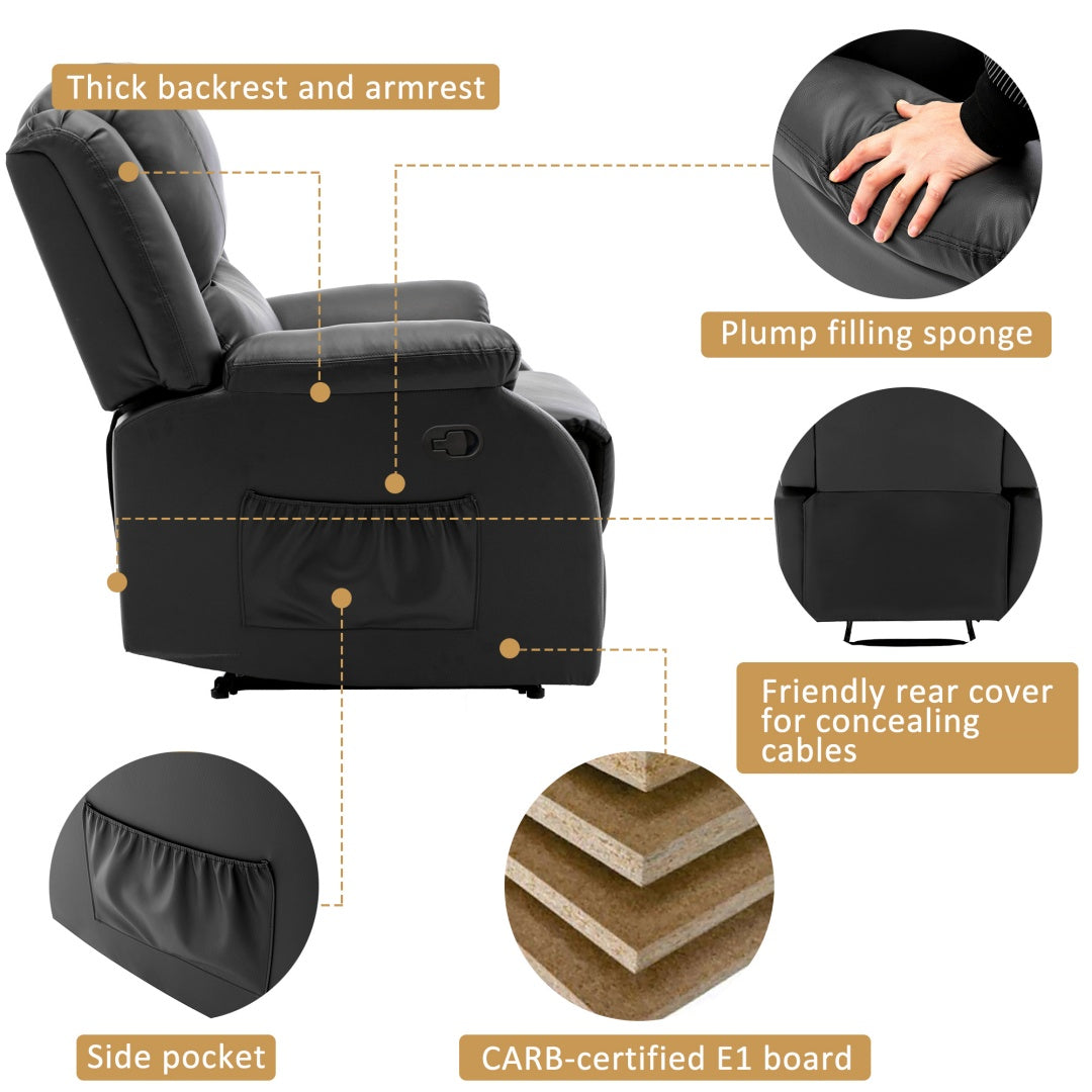 Black PU Leather Recliner Chair – Adjustable Armchair with Footrest & Side Pocket