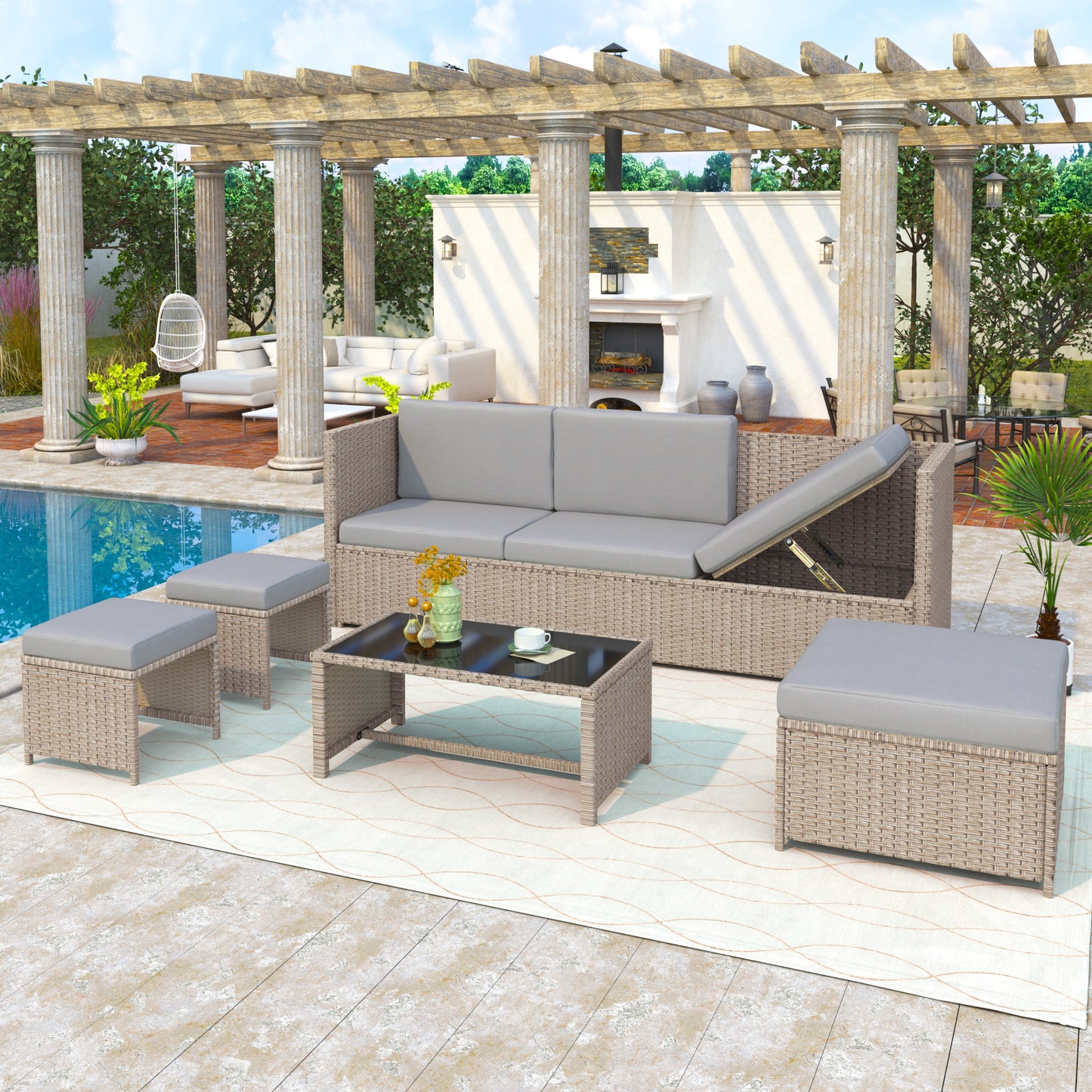 4–6 Seater Rattan Garden Lounge Set – Outdoor Patio Sofa Set with Table & Cushions (Khaki)