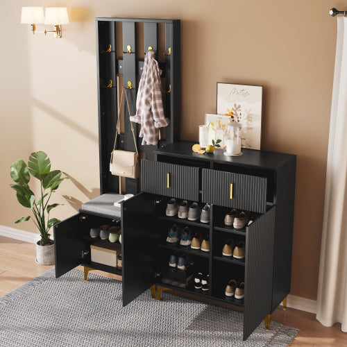 Hallway Wardrobe Set with Shoe Bench & Coat Rack – Storage Cabinet with Cushion (White/Black)