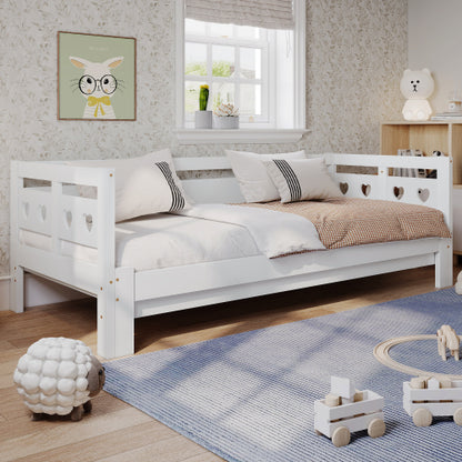 White Heart-Detail Wooden Daybed with Trundle – 3ft Single Sofa Bed (90x190cm)