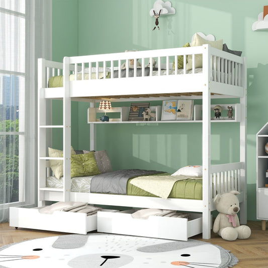White Wooden Bunk Bed with Storage Drawer & Shelf – 3FT Single Solid Pine Frame (90x190cm)