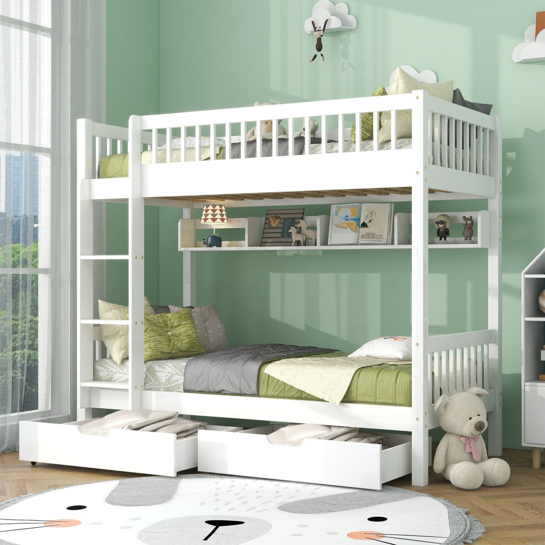 White Wooden Bunk Bed with Storage Drawer & Shelf – 3FT Single Solid Pine Frame (90x190cm)