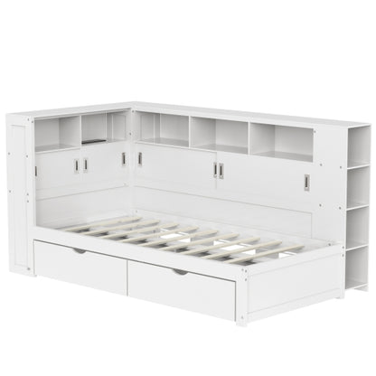 Single Platform Bed with Trundle, Storage & USB – White Wooden Bed with Bookcase (90x190cm)