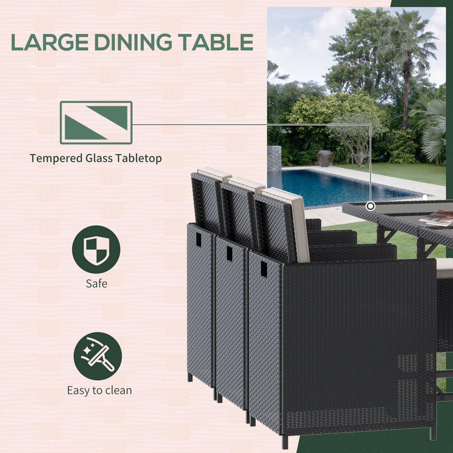 Black Rattan Cube Dining Set with 6 Chairs & 4 Footstools – Garden Furniture Set with Glass Table