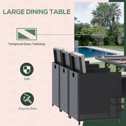 Black Rattan Cube Dining Set with 6 Chairs & 4 Footstools – Garden Furniture Set with Glass Table