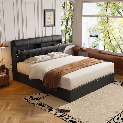 Double Upholstered Ottoman Bed 135 x 190 cm – Hydraulic Storage Bed with Hidden Headboard Storage (Black/Cream White)
