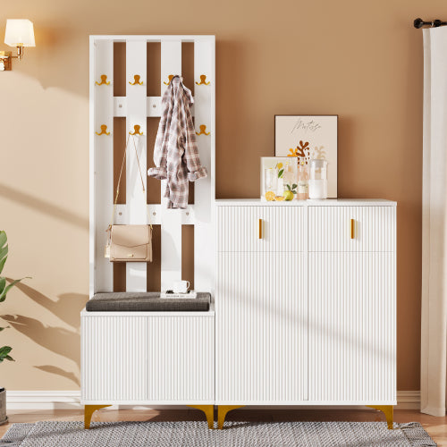 Hallway Wardrobe Set with Shoe Bench & Coat Rack – Storage Cabinet with Cushion (White/Black)