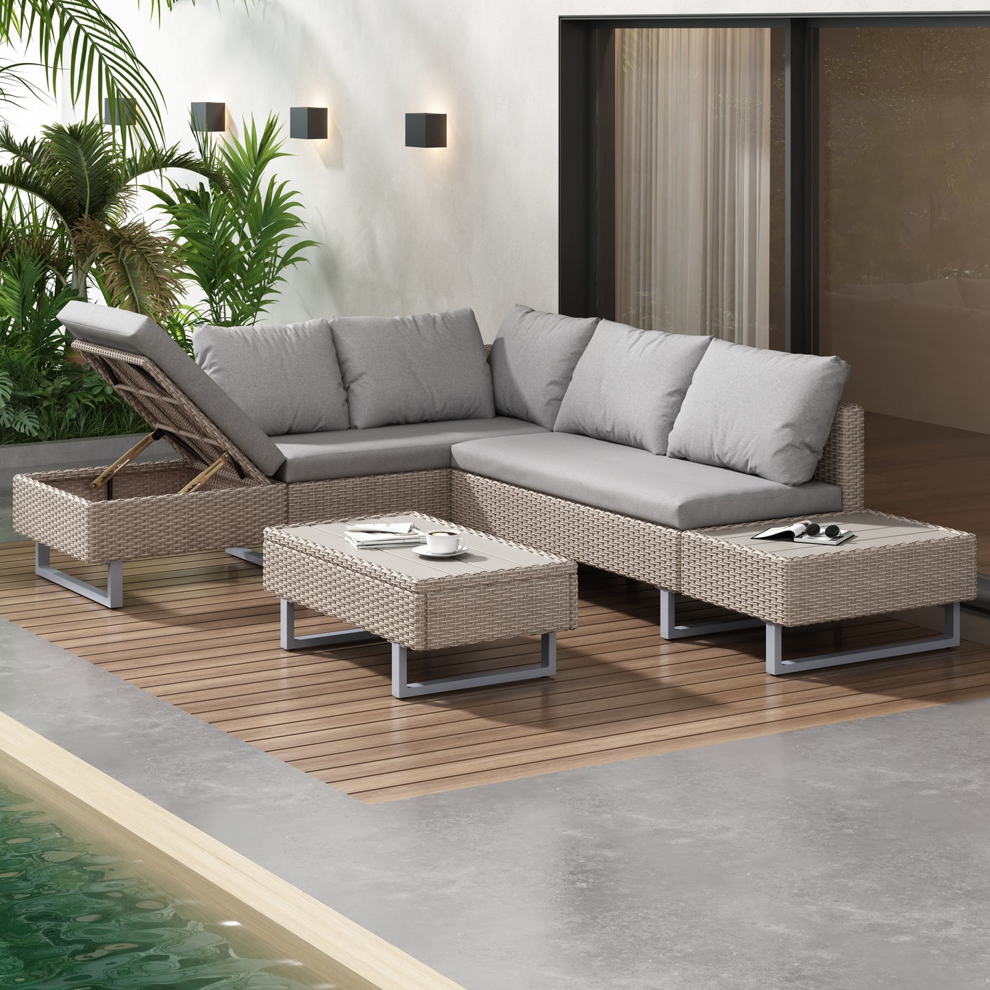 Mixed Khaki Rattan Corner Sofa Set with Coffee Table – Modular Garden Furniture Set with Adjustable Recliner