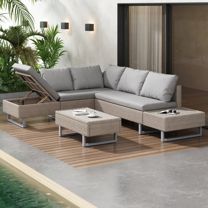 Mixed Khaki Rattan Corner Sofa Set with Coffee Table – Modular Garden Furniture Set with Adjustable Recliner