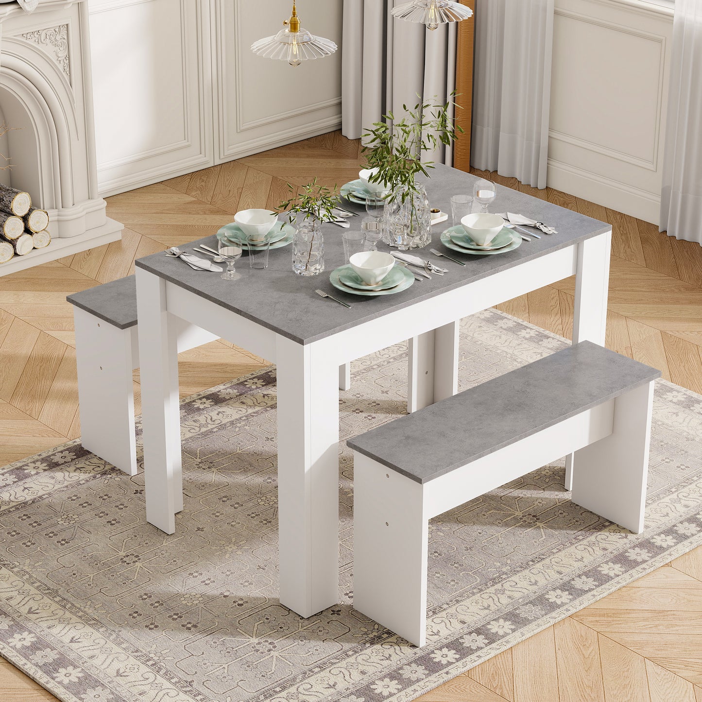 Kids Table and Bench Set – Grey & White Marble Effect Dining Table with 2 Benches