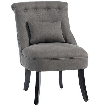 Retro Charcoal Grey Accent Chair with Wooden Legs & Button Tufting – Linen Fabric Armchair