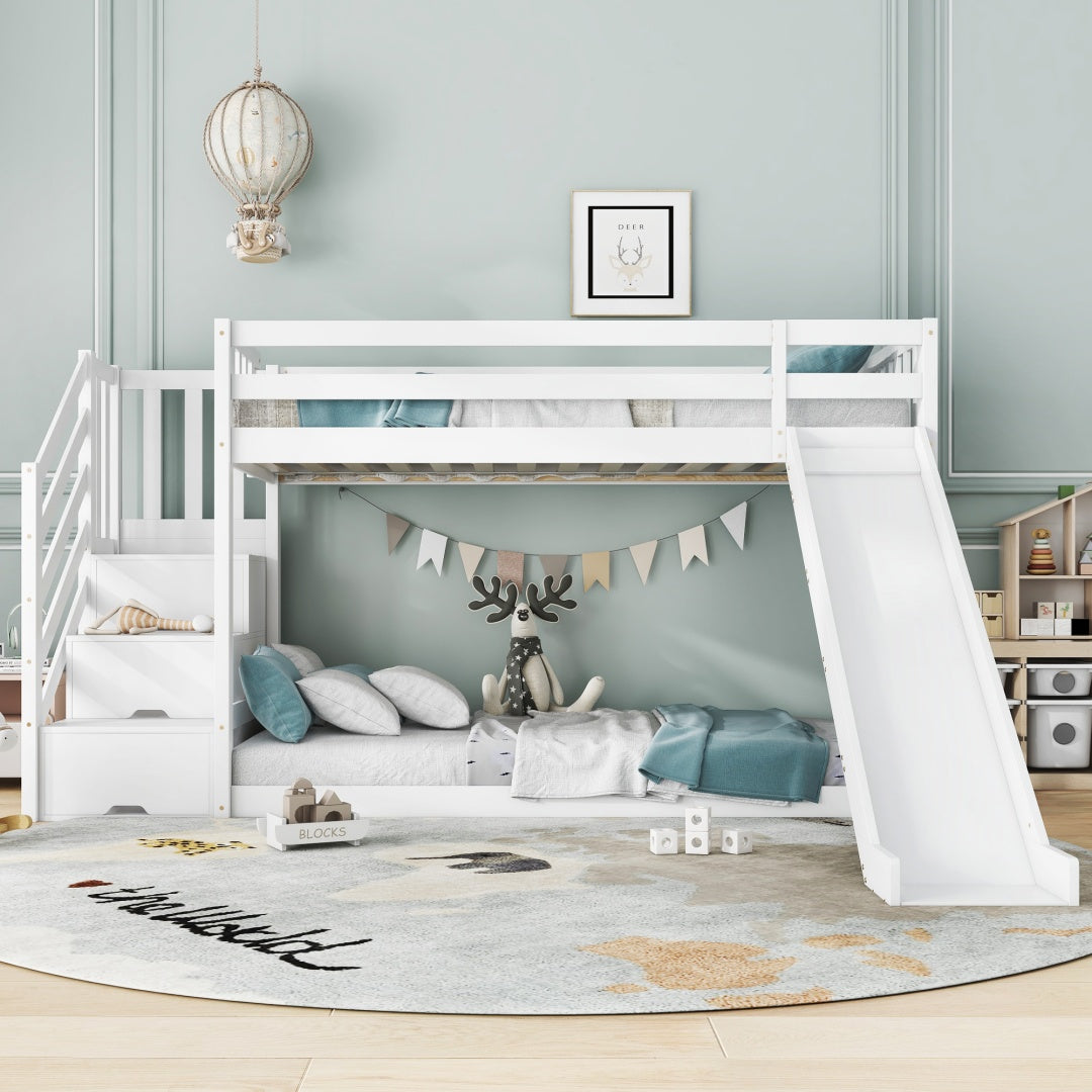 White Wooden Bunk Bed with Storage Stairs & Slide – 90 x 190cm Children’s Bed Frame