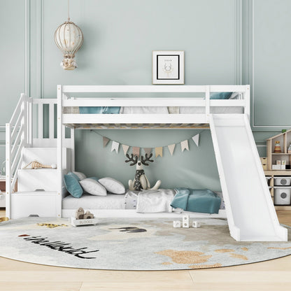 White Wooden Bunk Bed with Storage Stairs & Slide – 90 x 190cm Children’s Bed Frame