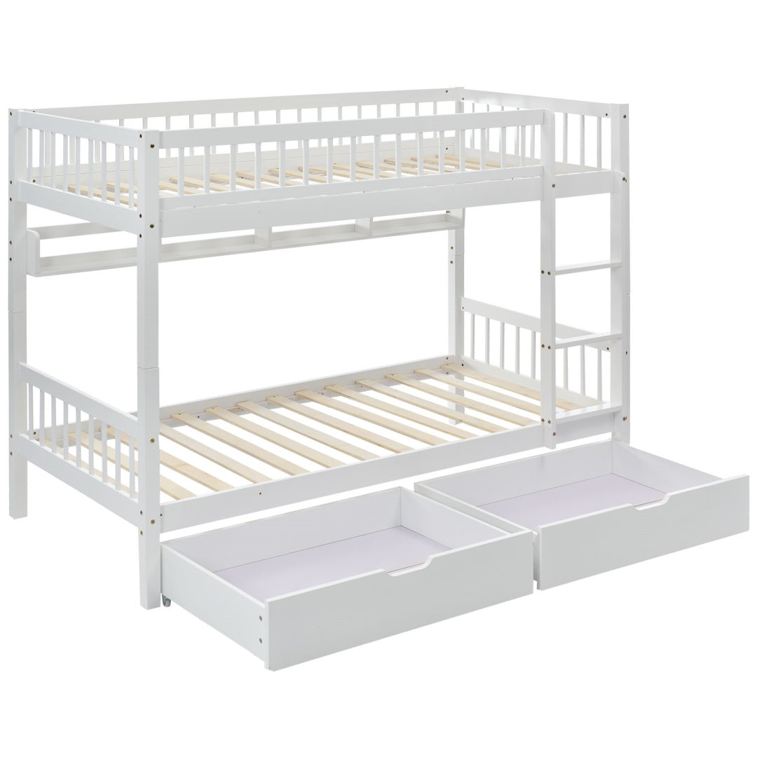 White Wooden Bunk Bed with Storage Drawer & Shelf – 3FT Single Solid Pine Frame (90x190cm)