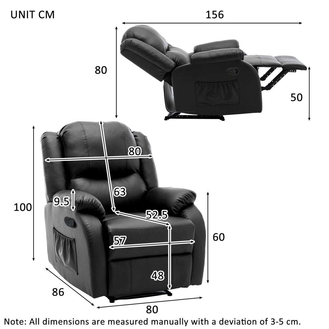 Black PU Leather Recliner Chair – Adjustable Armchair with Footrest & Side Pocket