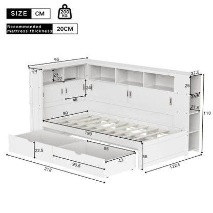 Single Platform Bed with Trundle, Storage & USB – White Wooden Bed with Bookcase (90x190cm)