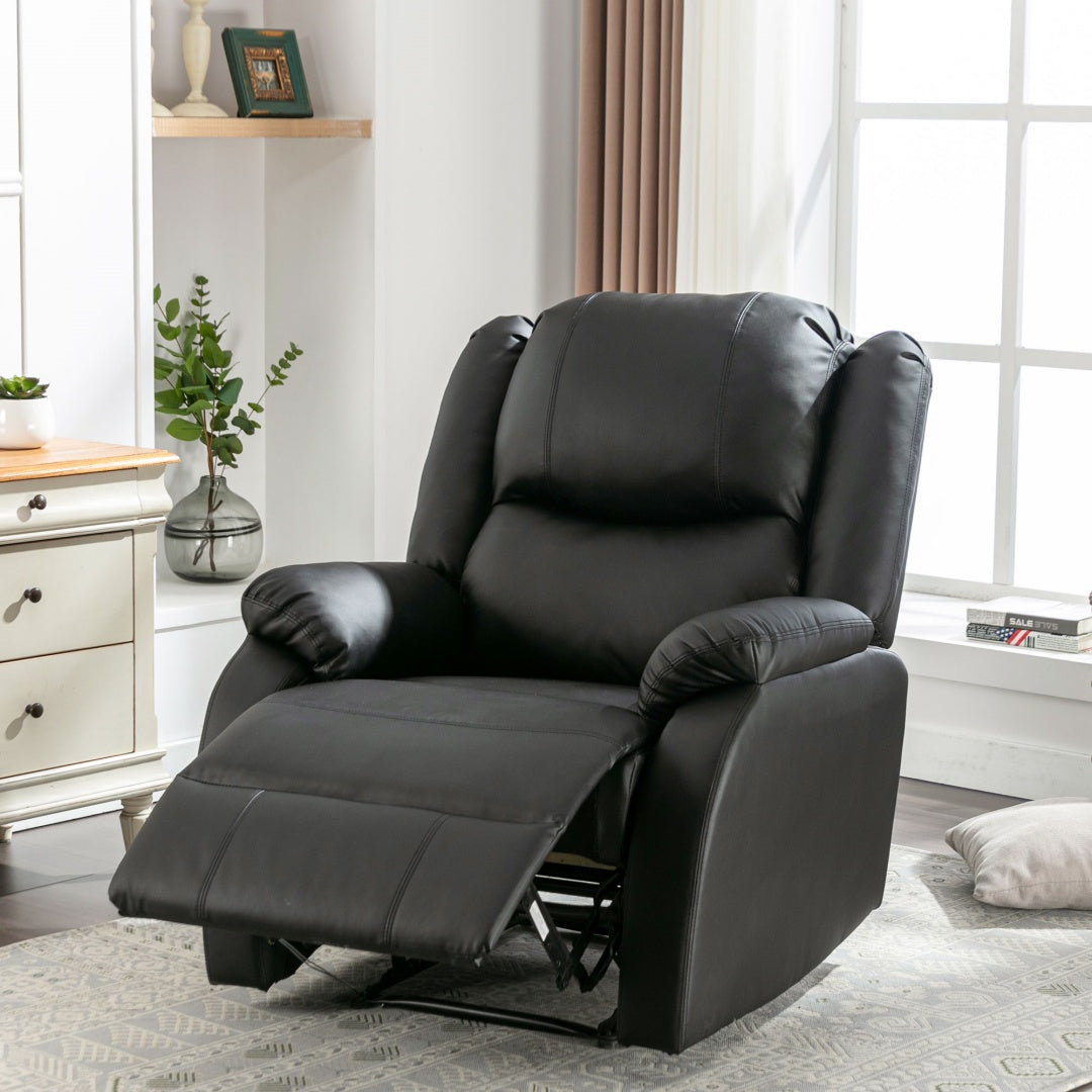 Black PU Leather Recliner Chair – Adjustable Armchair with Footrest & Side Pocket