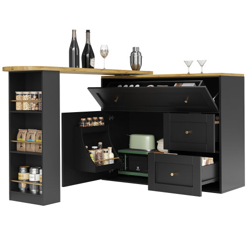 Extendable Bar Table with Storage – Black Kitchen Island & High Table (138–204cm)