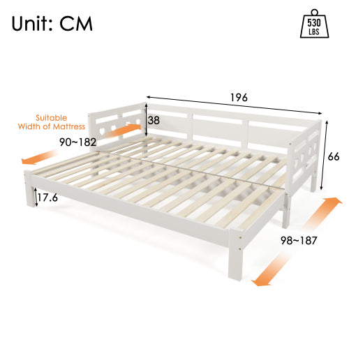White Heart-Detail Wooden Daybed with Trundle – 3ft Single Sofa Bed (90x190cm)