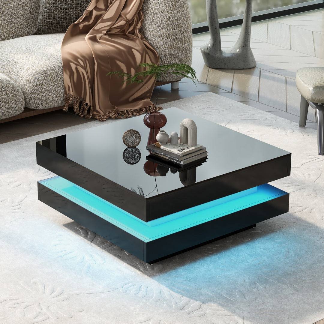 Modern minimalist black coffee table with LED lighting in a living room setting
