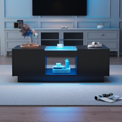 Modern living room with a stylish coffee table featuring blue LED lighting.