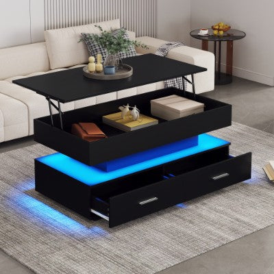 Black lift-top coffee table with LED lighting in a living room setting