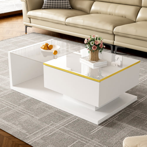 White coffee table with a yellow accent in a living room setting