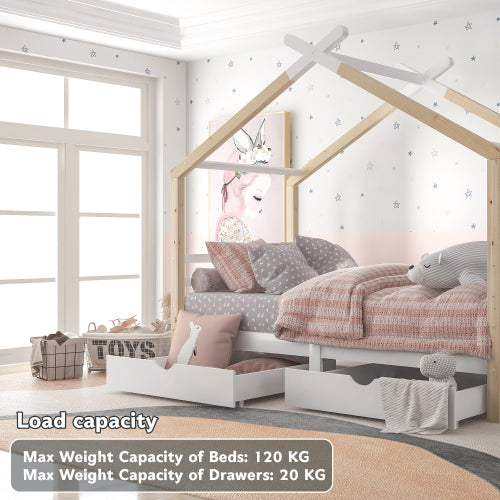 Children's room with a house-shaped bed and storage drawers, featuring text on load capacity.
