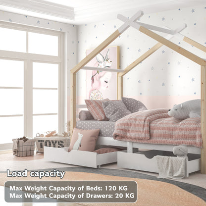 Children's room with a house-shaped bed and storage drawers, featuring text on load capacity.